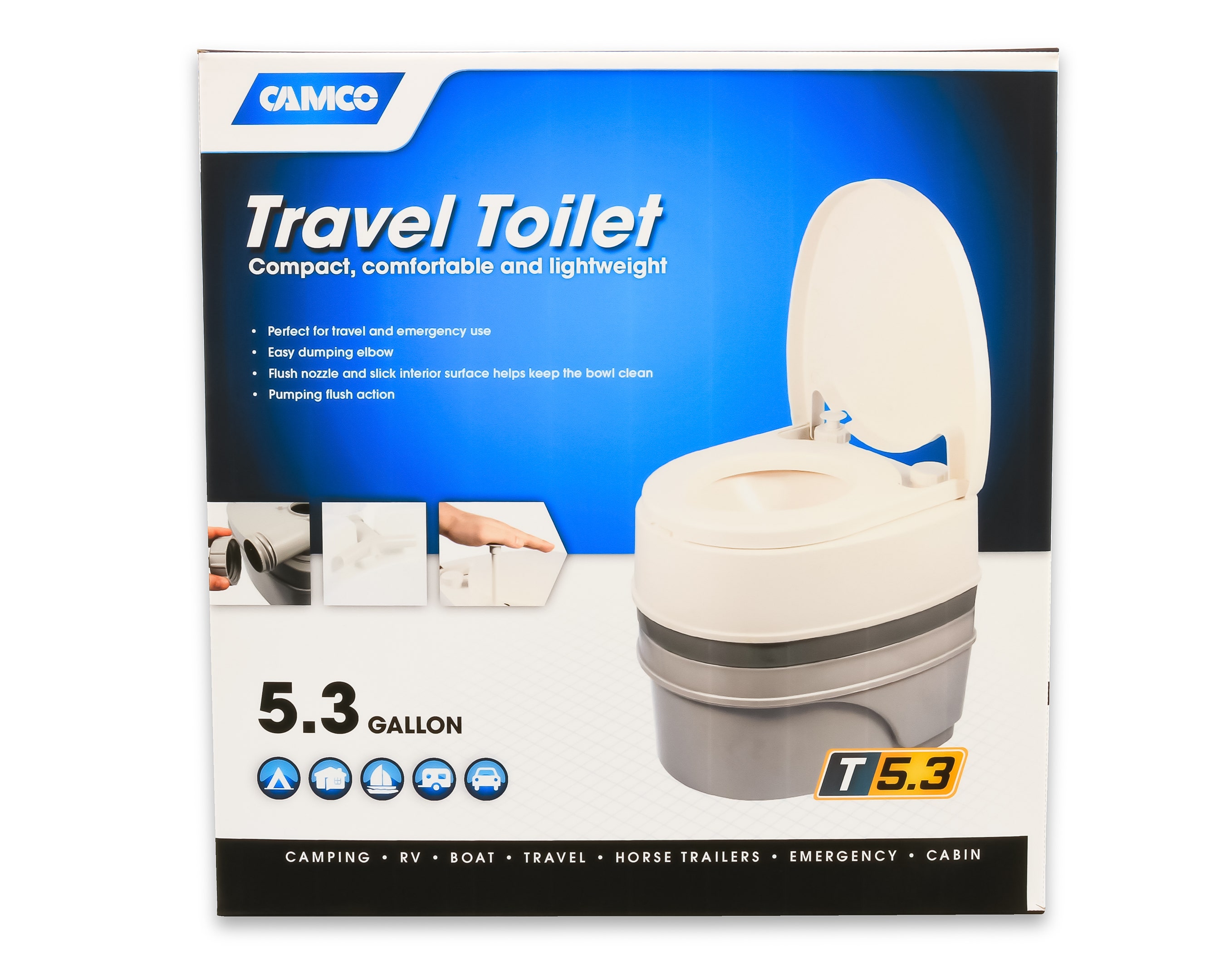 Camco Premium Portable Travel Toilet With Three Directional Flush And Swivel